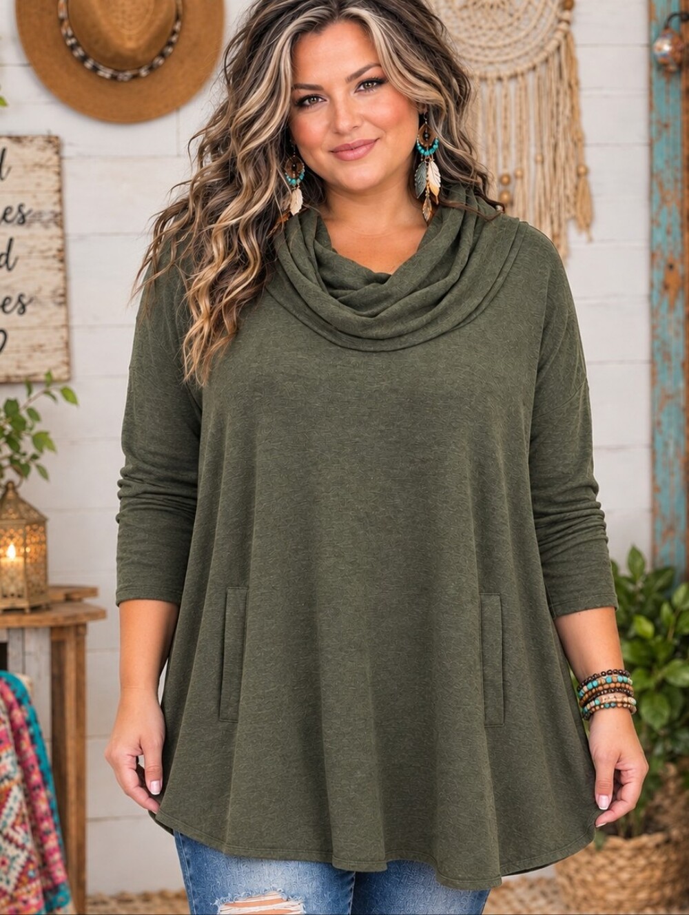 Olive Green Cowl Neck Long Sleeve Tunic Top